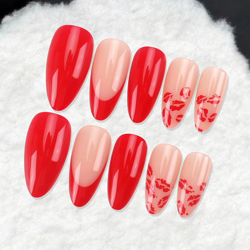 Romantic Kiss Inspired Long Almond Red Nail Set with Kiss Mark Detail and Glossy Finish