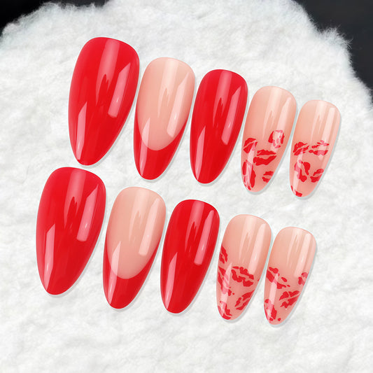 Romantic Kiss Inspired Long Almond Red Nail Set with Kiss Mark Detail and Glossy Finish