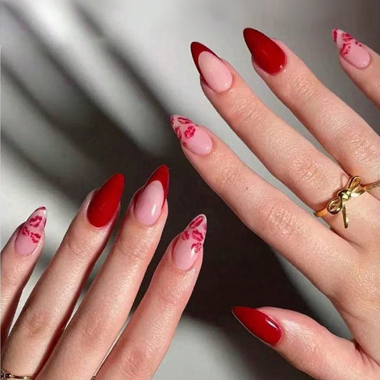 Love Story Elegant Long Almond Red and Pink Kiss Print Press On Nail Set