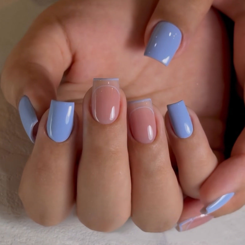 Ocean Breeze Elegant Medium Square Blue French Tip Press On Nail Set