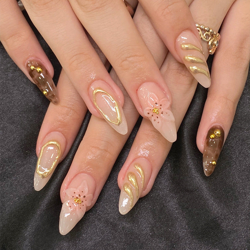 Elegant Garden Party Long Almond Beige and Brown with Gold Accents Press-On Nail Set