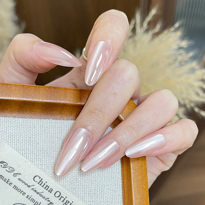 Glamorous Elegance Long Almond Pink Glossy Press On Nail Set with Iridescent Finish