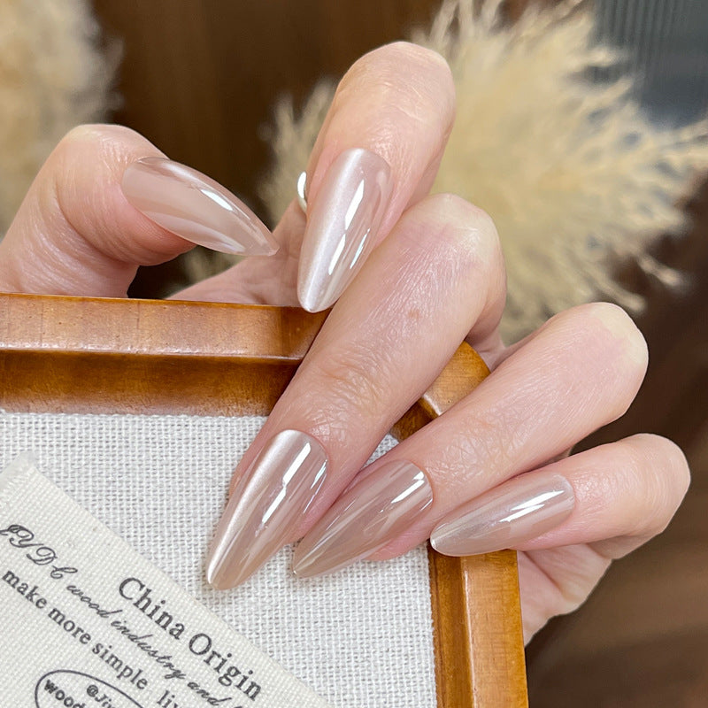 Glamorous Elegant Almond Shaped Long Translucent Beige Press on Nail Set with High Shine Finish