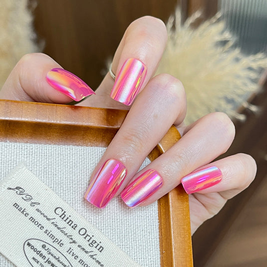 Celestial Glow Long Square Pink Iridescent Press on Nail Set with Stunning Shimmer Effect