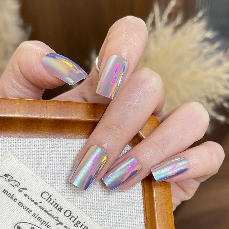 Enchanted Dream Holographic Square Long Press on Nail Set in Shimmering Iridescent Finish