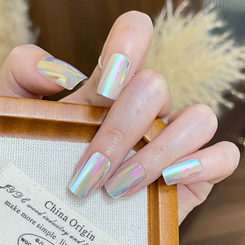 Celestial Radiance Long Square Iridescent Press On Nail Set with Stunning Holographic Finish
