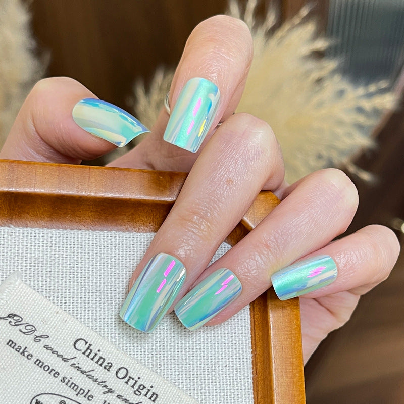 Enchanting Ocean Dream Long Square Pastel Green with Iridescent Shine Press-On Nail Set