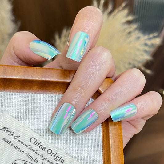 Enchanting Ocean Dream Long Square Pastel Green with Iridescent Shine Press-On Nail Set