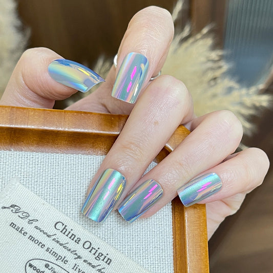 Celestial Dream Long Square Shimmering Blue Holographic Press On Nail Set