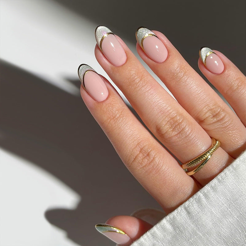 Elegant Twilight Medium Oval Pink and Glittering Gold French Tips Press-On Nail Set