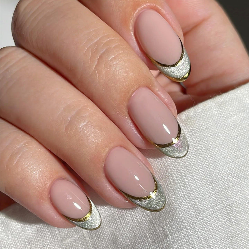 Elegant Enchantment Medium Oval Shaped Soft Pink with Glamorous Metallic Tips Press On Nail Set