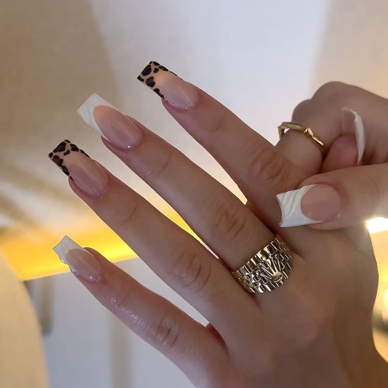 Savanna Chic Long Square Press-On Nails in Elegant Beige with Striking Animal Print Tips