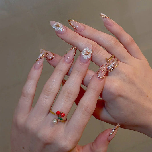 Elegant Floral Dream Long Stiletto Pink with Gold Accents and Charming Floral Design Press-On Nail Set