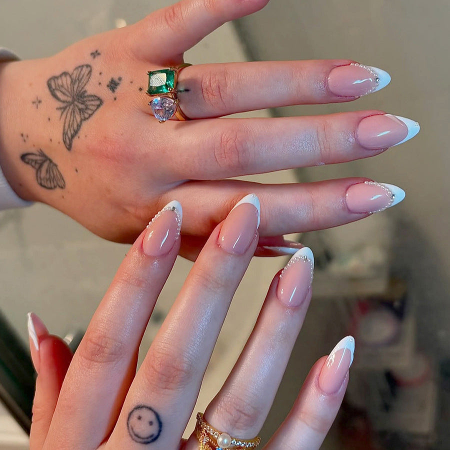 Elegant Winter Wonderland Medium Stiletto Beige with Pearl Accent Press-On Nail Set