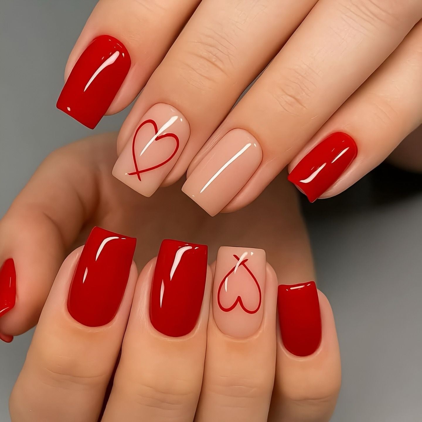 Romantic Elegance MediumSquare Red and Beige Nail Set with Heart Design