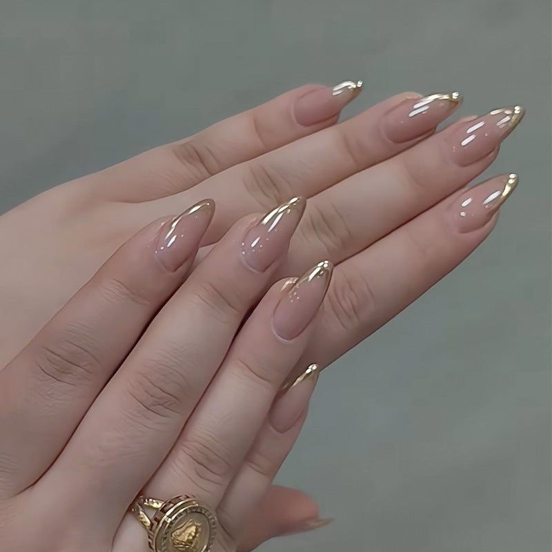 Glamorous Elegance Long Square Beige Press On Nails with Chic Gold Tips