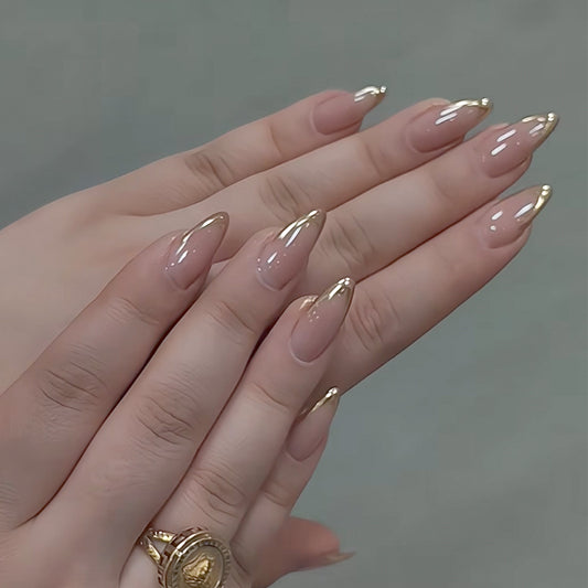 Glamorous Elegance Long Square Beige Press On Nails with Chic Gold Tips