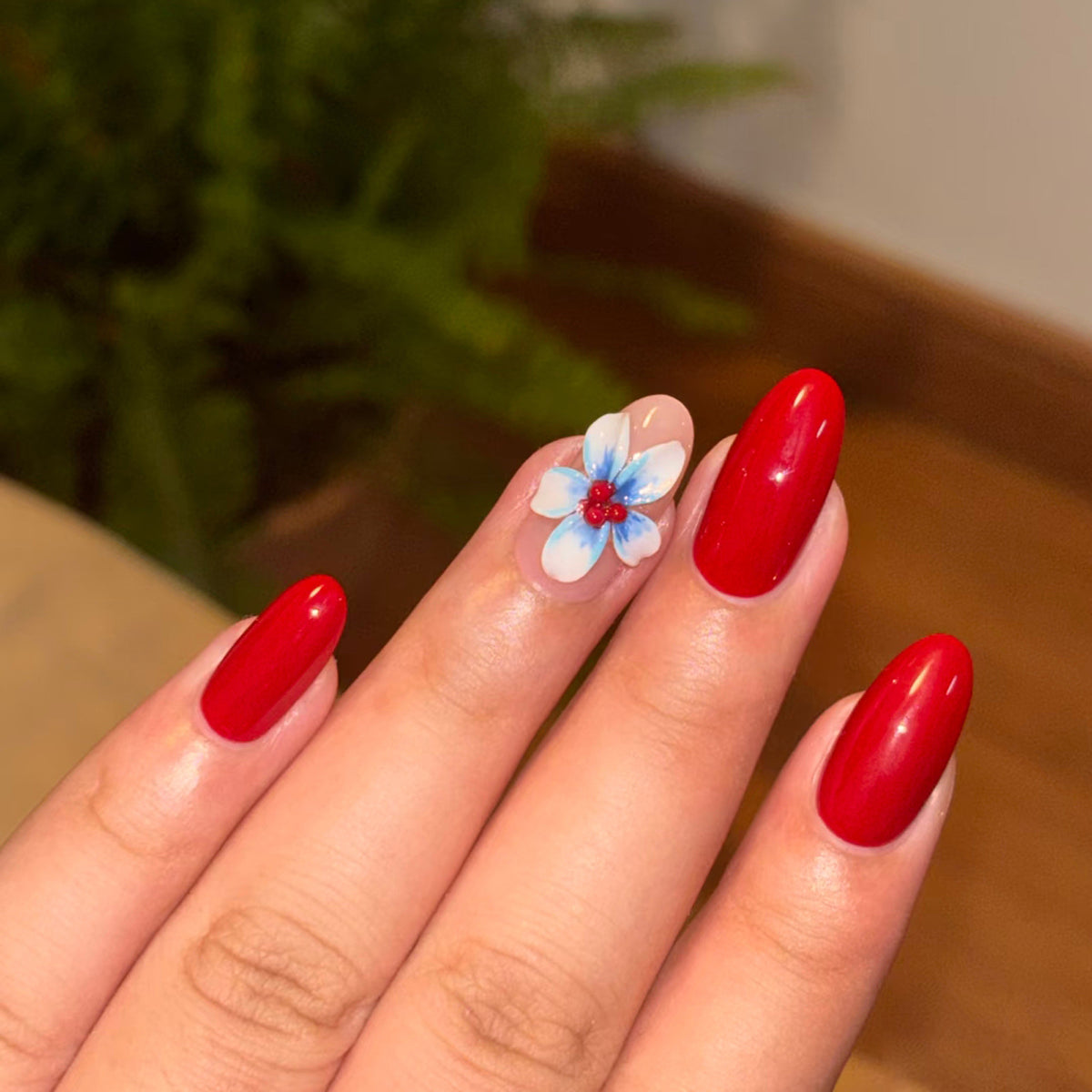 Floral Fantasy Long Almond Red with Flower Accent Press On Nail Set