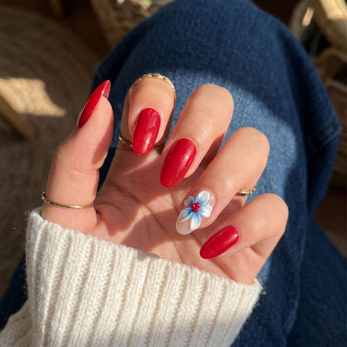 Elegant Blossom Medium Oval Red with Floral Accent Press On Nail Set