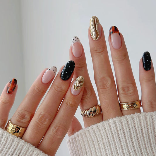 Glamorous Autumn Vibes Long Oval Multicolored with Unique Gold Swirl Accent Press On Nail Set