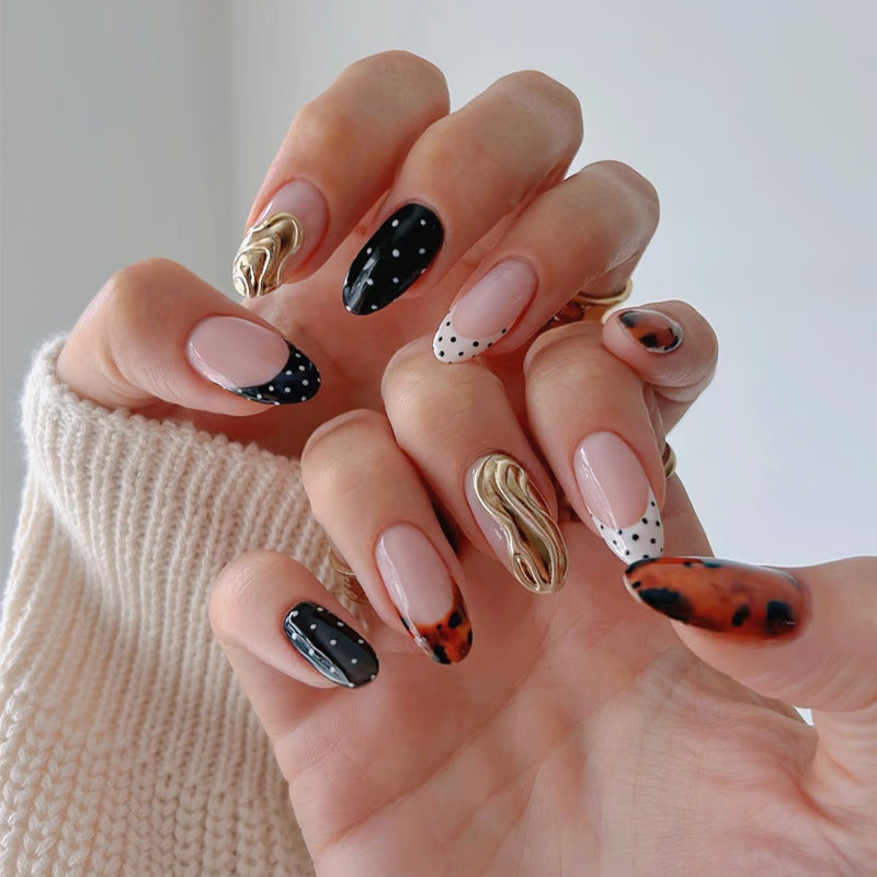 Chic Elegance Long Almond Black and Beige with Unique Gold Accent Press On Nail Set
