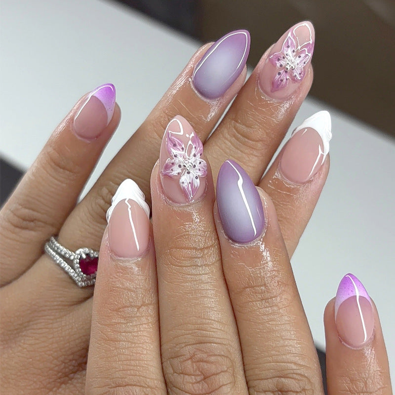 Enchanting Floral Dream Pastel Medium Almond Ombre Purple with Delicate Flower Accents Nail Set