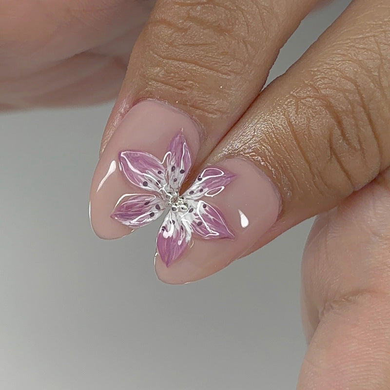 Blooming Elegance Short Almond Shaped Soft Pink Nail Press Set with Intricate Floral Art Detail