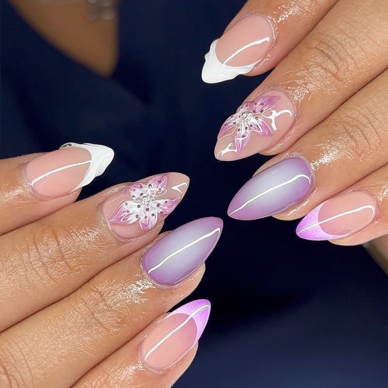Garden Blossom Medium Almond Pink and Lavender Ombre Press on Nail Set with Floral Accents