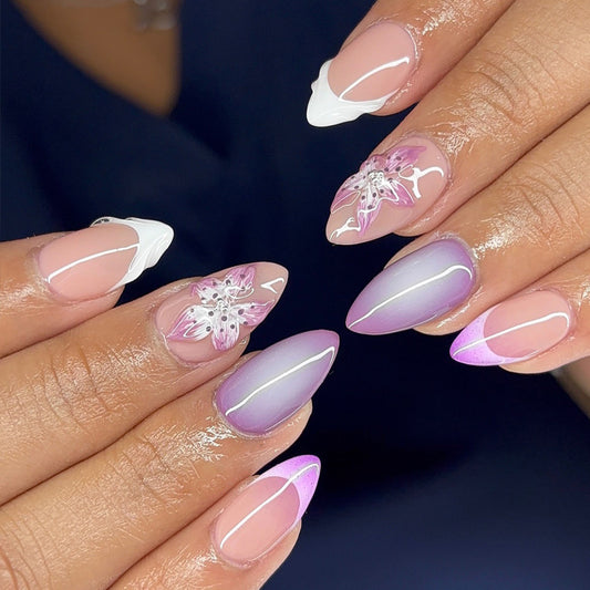 Garden Blossom Medium Almond Pink and Lavender Ombre Press on Nail Set with Floral Accents