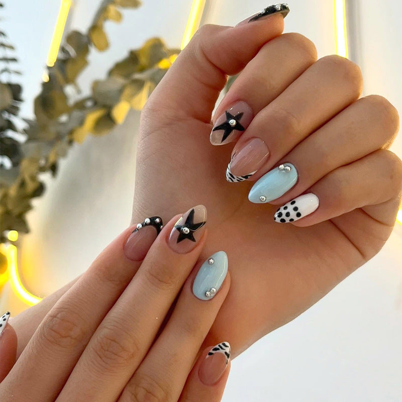Chic Elegance Medium Almond Blue and Black with Unique Gemstone Accents Press-On Nail Set