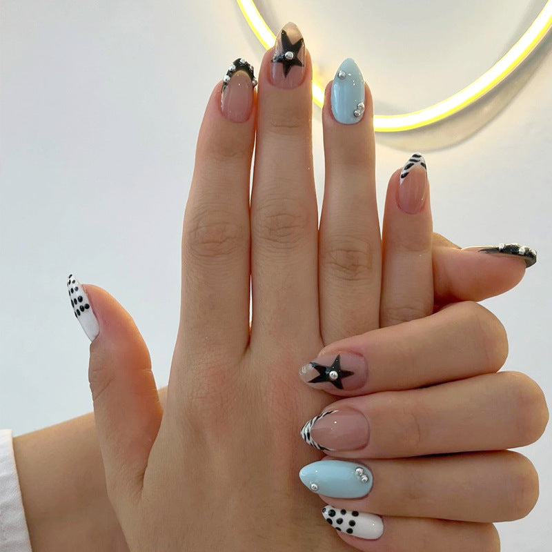 Starry Night Medium Almond Sky Blue and Black Glamorous Gemstone Nail Set