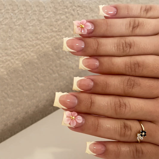 Whimsical Blossom Medium Square Pink and White Floral Press On Nail Set
