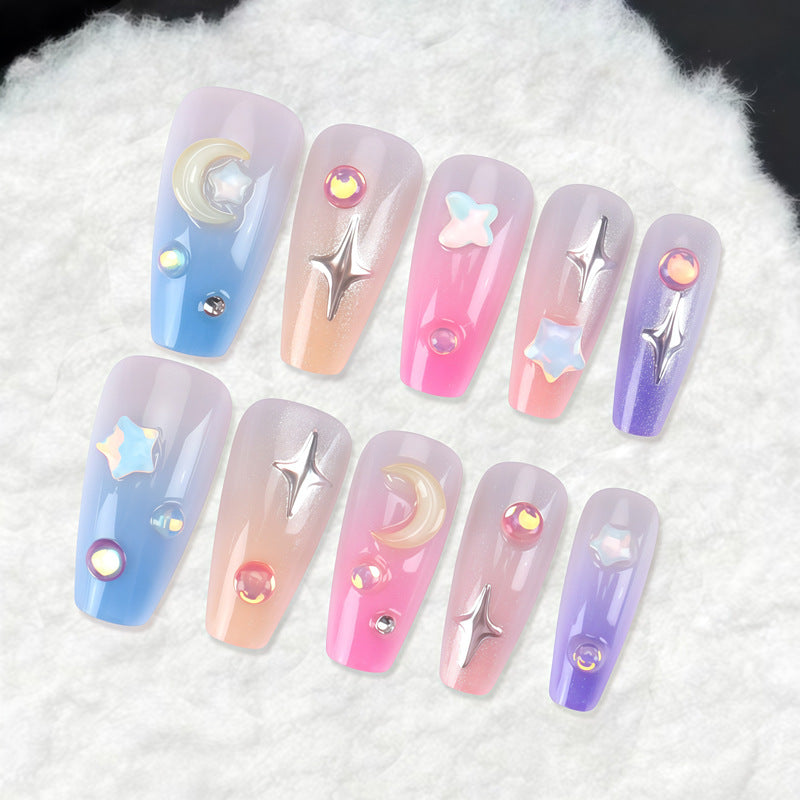 Celestial Dream Set Long Coffin Ombre Blue Pink Purple with Glittering Star and Moon Accents