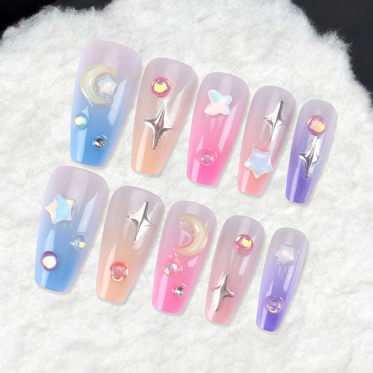 Celestial Dream Set Long Coffin Ombre Blue Pink Purple with Glittering Star and Moon Accents