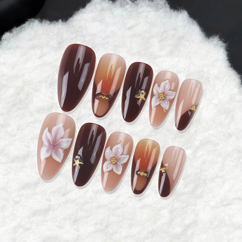 Chic Floral Elegance Medium Almond Brown Ombre Press On Nail Set with Exquisite Floral Accents
