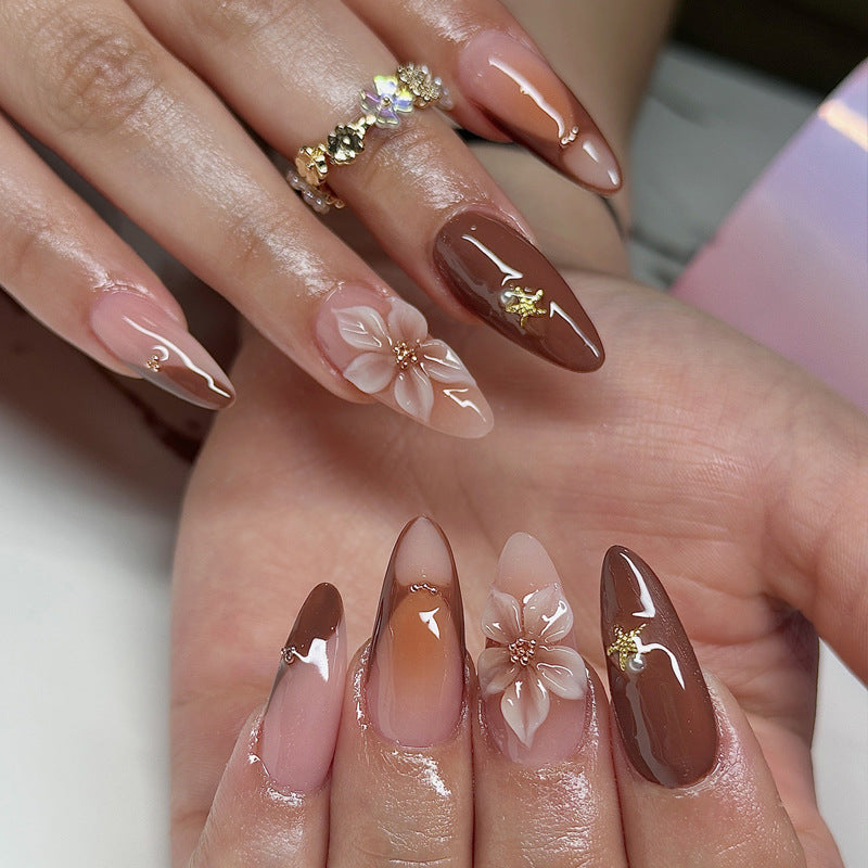 Floral Elegance Long Almond Ombre Brown and Beige Press On Nail Set with Flower Accents