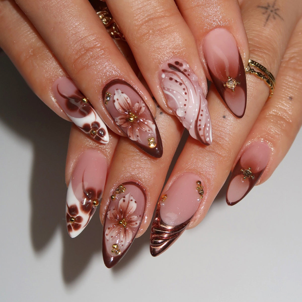 Elegant Floral Fantasy Medium Almond Beige with Glitter Accents Press On Nail Set