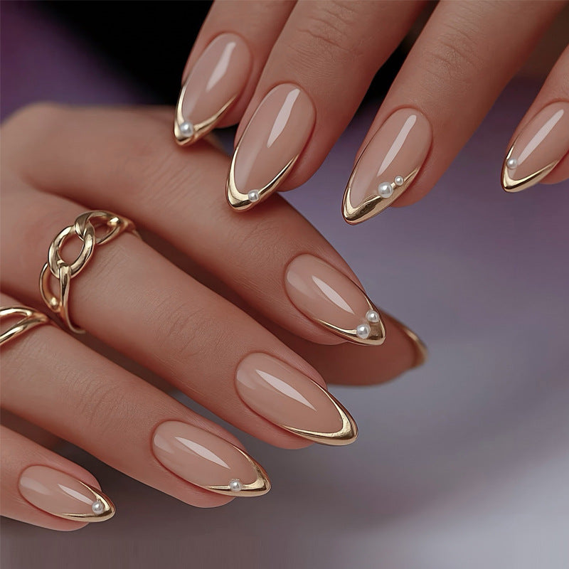 Elegant Glamour Long Almond Shaped Beige Nails with Gold Edges and Pearls
