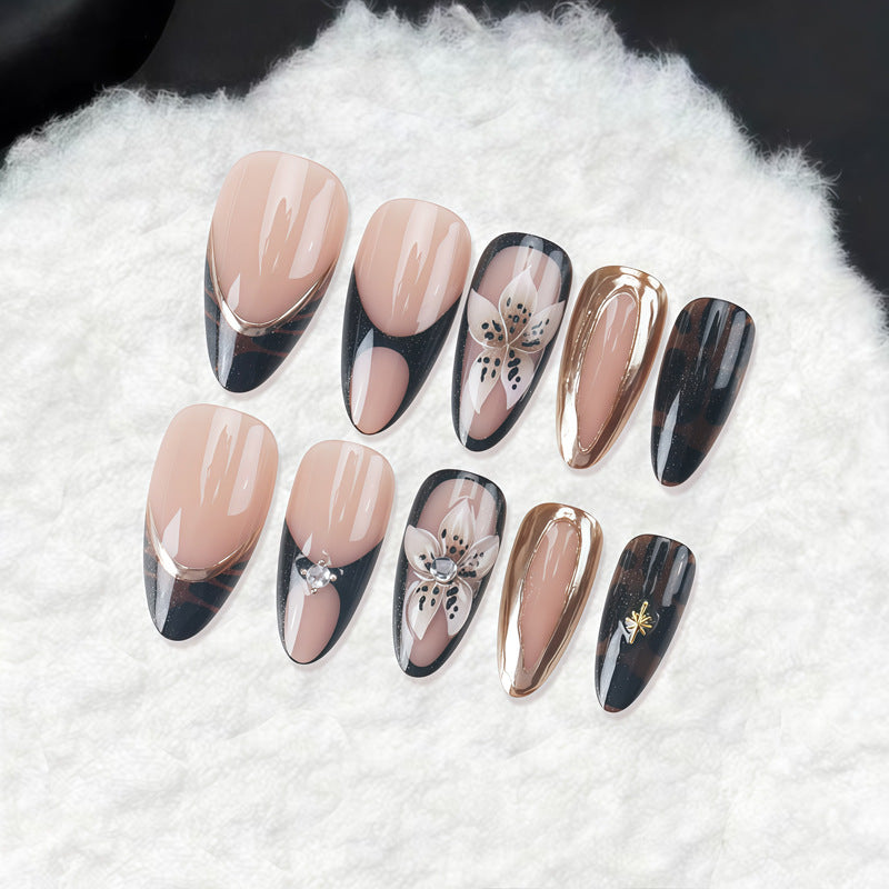 Elegant Floral Night Press On Nail Set Long Almond Shape Soft Pink and Black with Stunning Floral Accents