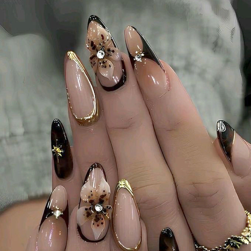 Elegant Floral Fantasy Long Almond Brown Gradient Press on Nail Set with Stunning Metallic Accents and Floral Designs