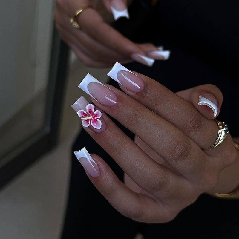 Blossom Paradise Long Square Glossy Beige with Floral Accent Press-On Nail Set