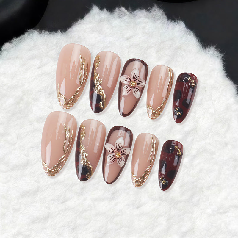 Enchanted Garden Long Almond Beige and Burgundy Floral Nail Set with Elegant Gold Accents