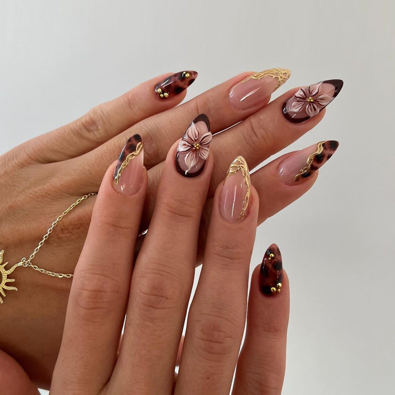 Whimsical Elegance Long Almond Crystal Pink and Brown Floral Press On Nail Set
