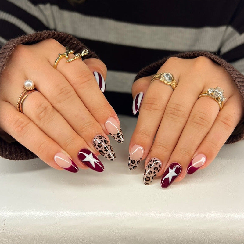 Glamorous Wild Beauty Long Almond Burgundy and Beige with Leopard Print and Star Accents Press On Nail Set