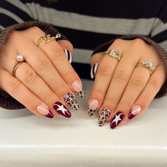 Glamorous Wild Beauty Long Almond Burgundy and Beige with Leopard Print and Star Accents Press On Nail Set
