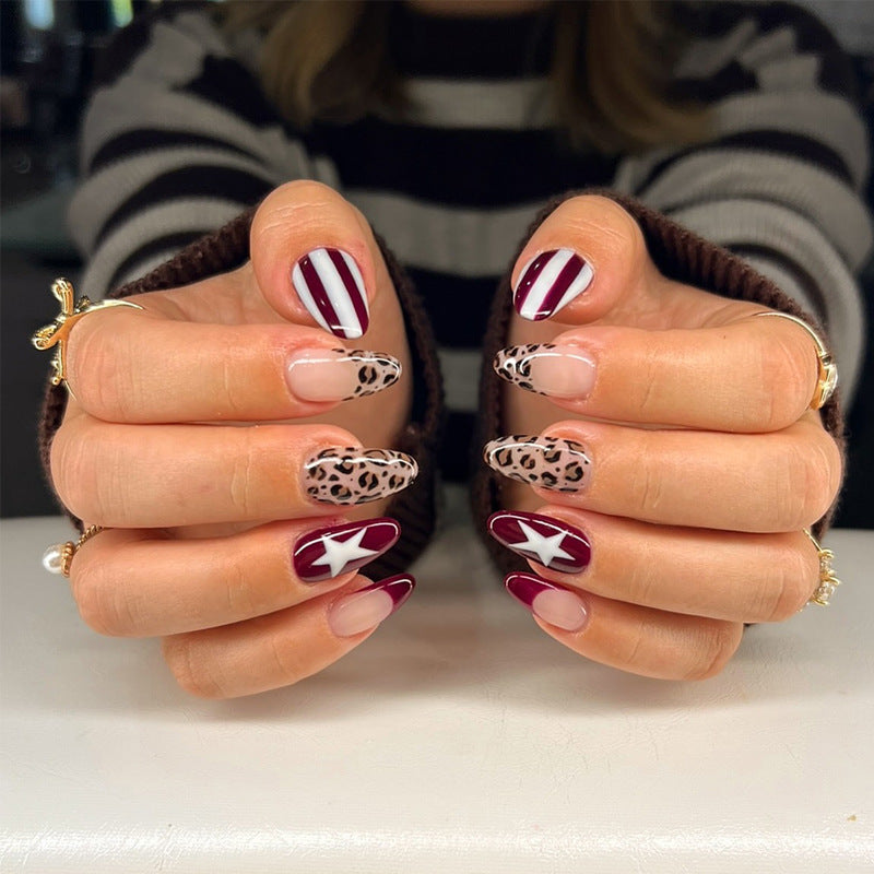 Chic Wildflower Long Almond Burgundy and Leopard Pattern Press On Nail Set