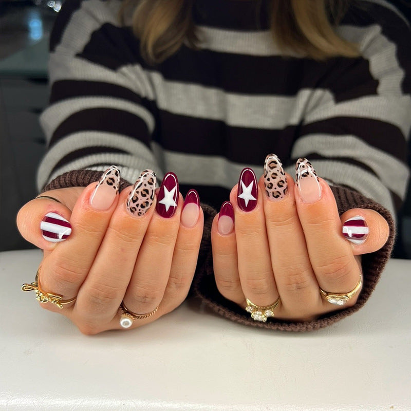 Chic Safari Long Almond Burgundy Leopard Print and Star Design Press On Nail Set