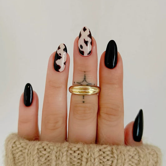 Cowgirl Chic Elegant Long Almond Black and White Glossy Nail Set with Artistic Patterns