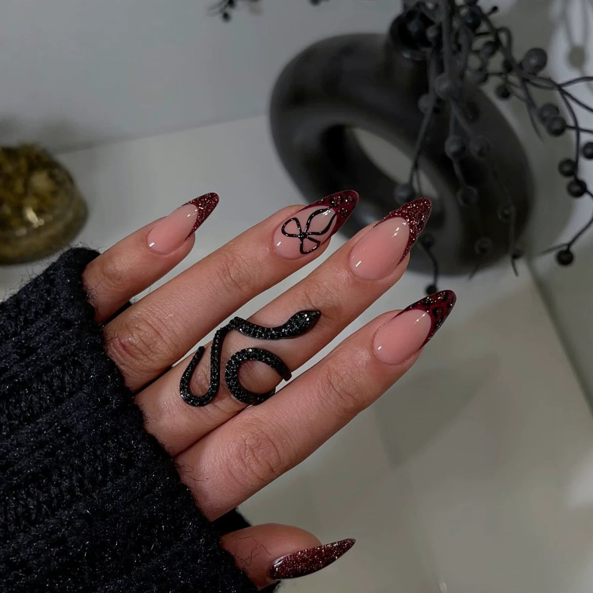 Mystical Glamour Medium Almond Burgundy Glitter Gradient Press On Nail Set