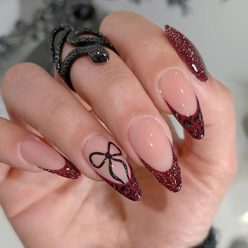 Mystical Glamour Long Almond Burgundy Glitter Gradient with Artistic Bow Design Press-On Nail Set